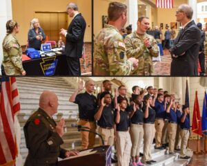 3 photos of Senator Hutchinson with guards
