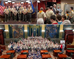 Three photos of Senator Hutchinson with groups of boy scouts