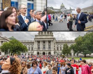 Senator Hutchinson with a group of people at a rally