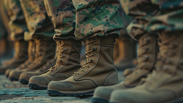 Alt Text Military boots and camouflage pants.